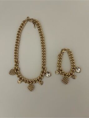 J.Crew NEW Gold Set Necklace And Bracelet Chain with heart charms Rich Gold